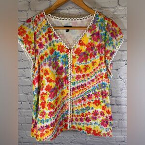 Talbots Watercolor Floral Sleeveless Scallop Trim V Neck Pretty Feminine Top M